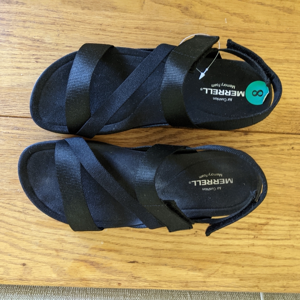 New Merrell Air Cushion Memory Foam Black Sandals sz 8